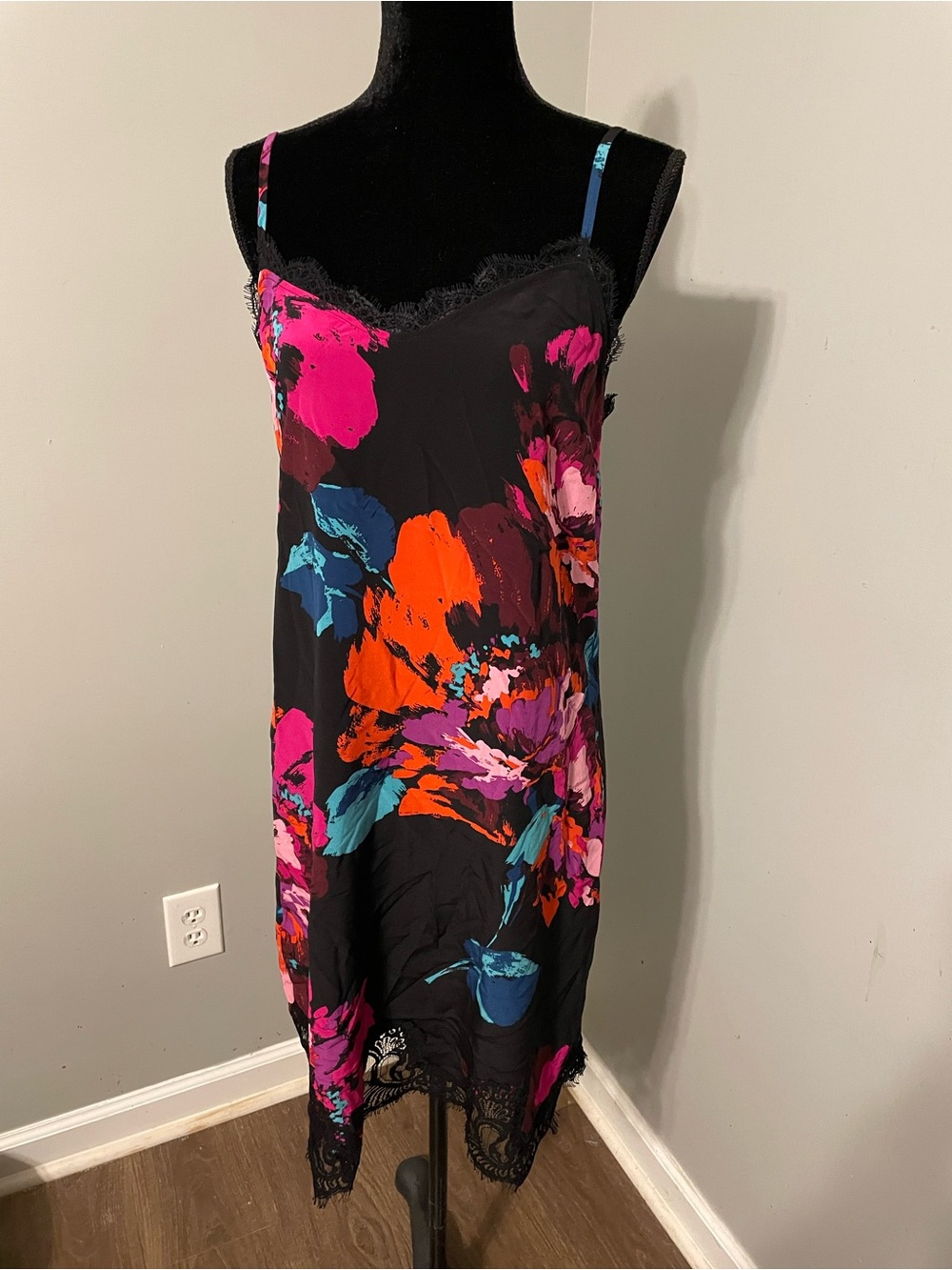Trina Turk Black Moana Slip Dress with Vibrant Floral Accents
